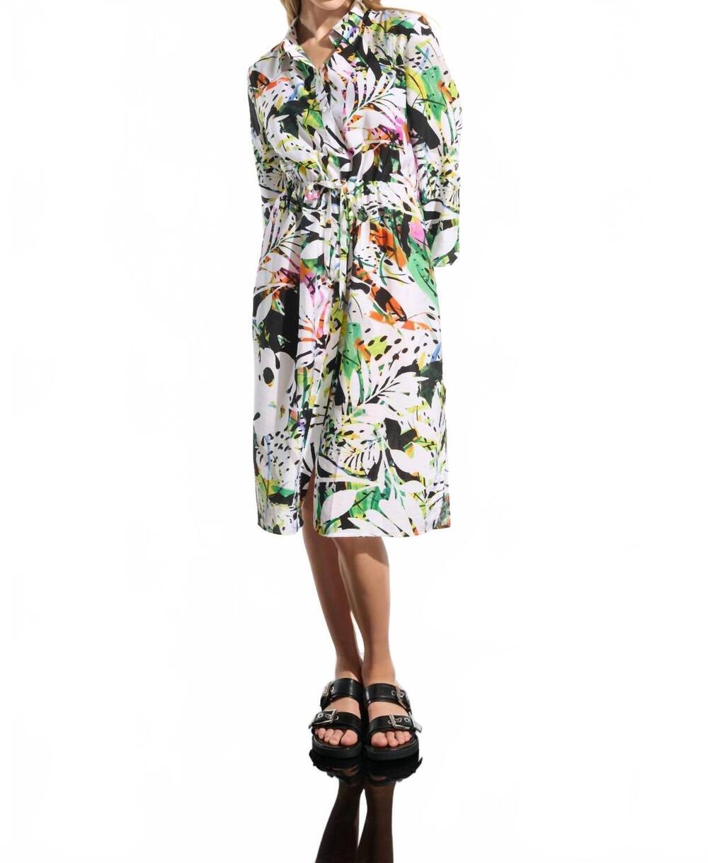 NEW JOSEPH RIBKOFF crinkled woven tropical print shirt dress in vanilla multi
